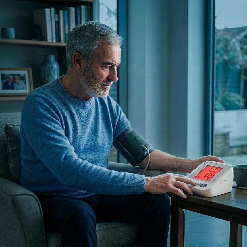 Man taking blood pressure at home